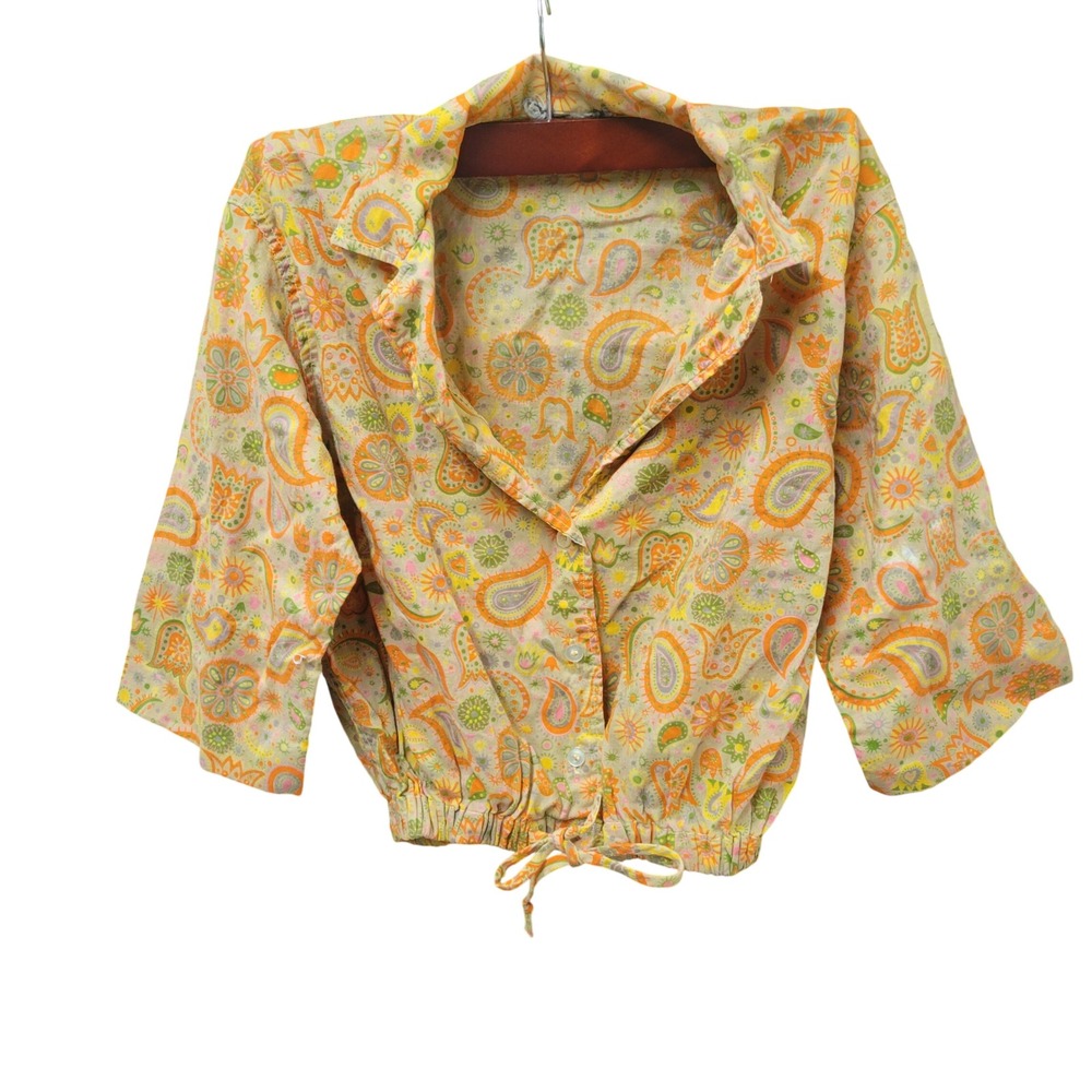 Vintage Ellen Tracy Paisley Floral Blouse Orange Yellow 3/4 Sleeve Tie Hem XXS - Picture 2 of 8